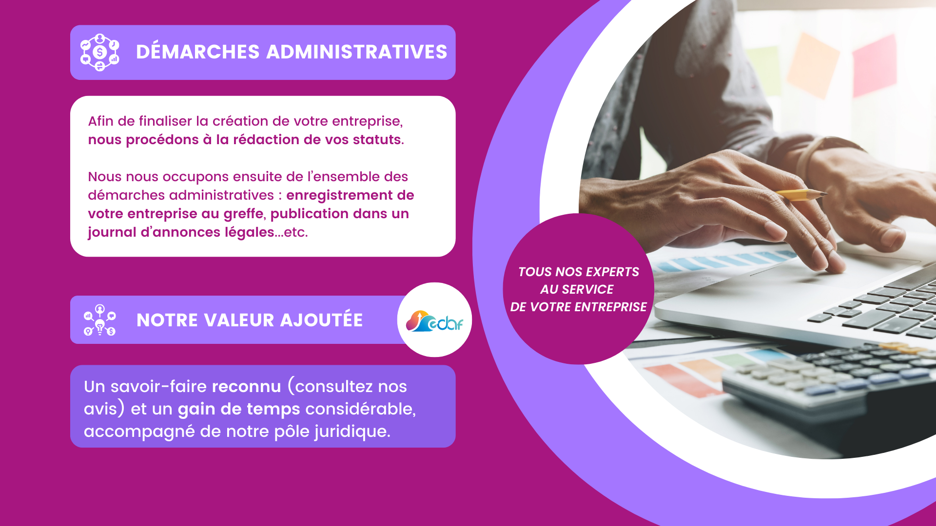 Slide expliquant les démarches administratives du diaporama EDAF Création d'entreprise